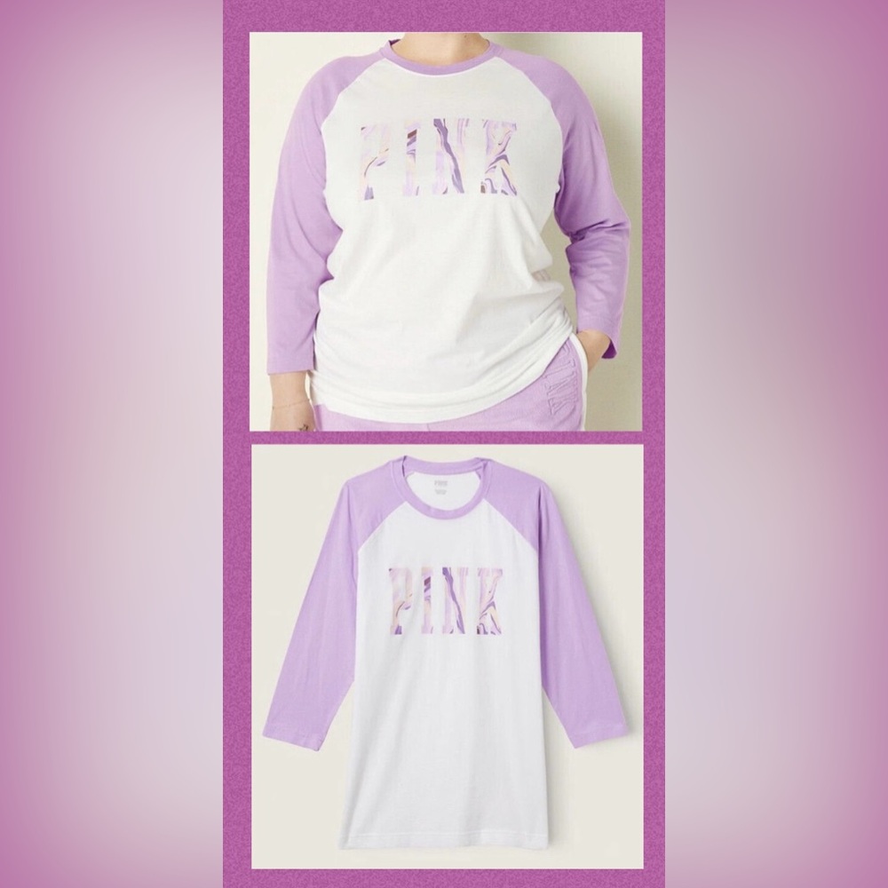 PINK Victoria's Secret White & Lavender Raglan Tee SMALL